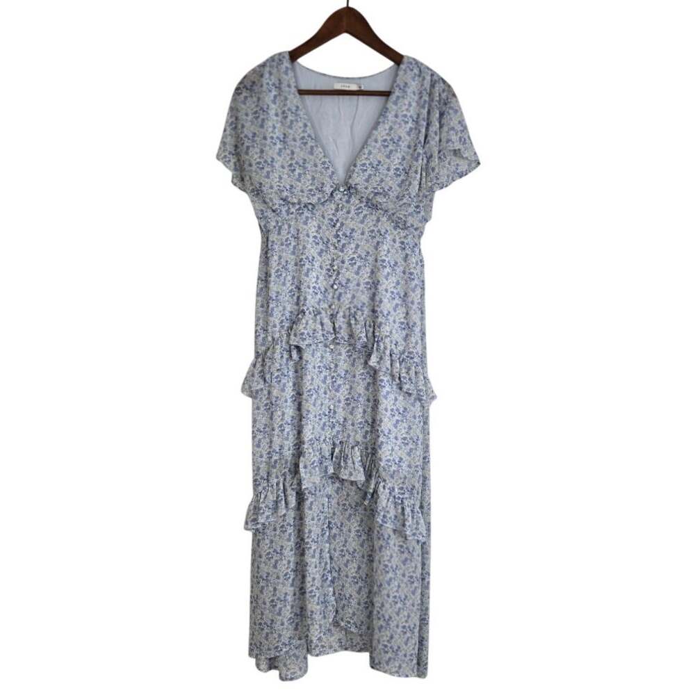 Lush Blue Floral Tiered Ruffle Flutter Sleeve Maxi Dress Cottagecore V Neck Med